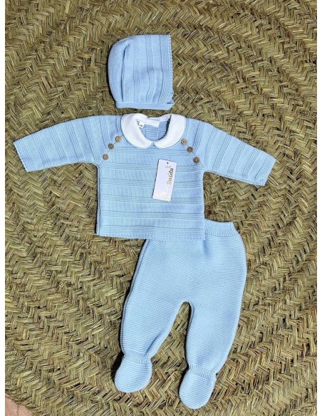 Conjunto lana 3 pieza celeste con cuello blanco