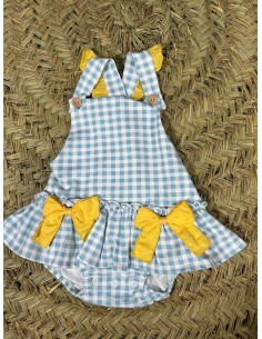 Ranita cuadro vichy en celeste y lazos amarillo