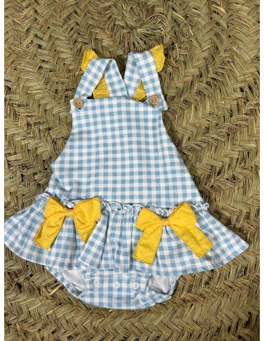 Ranita cuadro vichy en celeste y lazos amarillo
